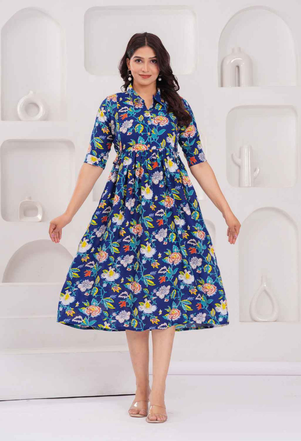 Navy Blue Floral Printed Collared Viscose Rayon Maternity & Feeding Midi Dress