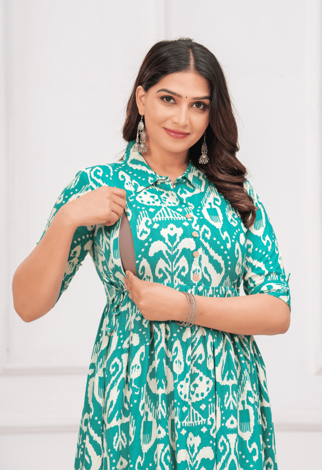 Teal Green Ikat Printed Collared Viscose Rayon Maternity & Feeding Midi Dress