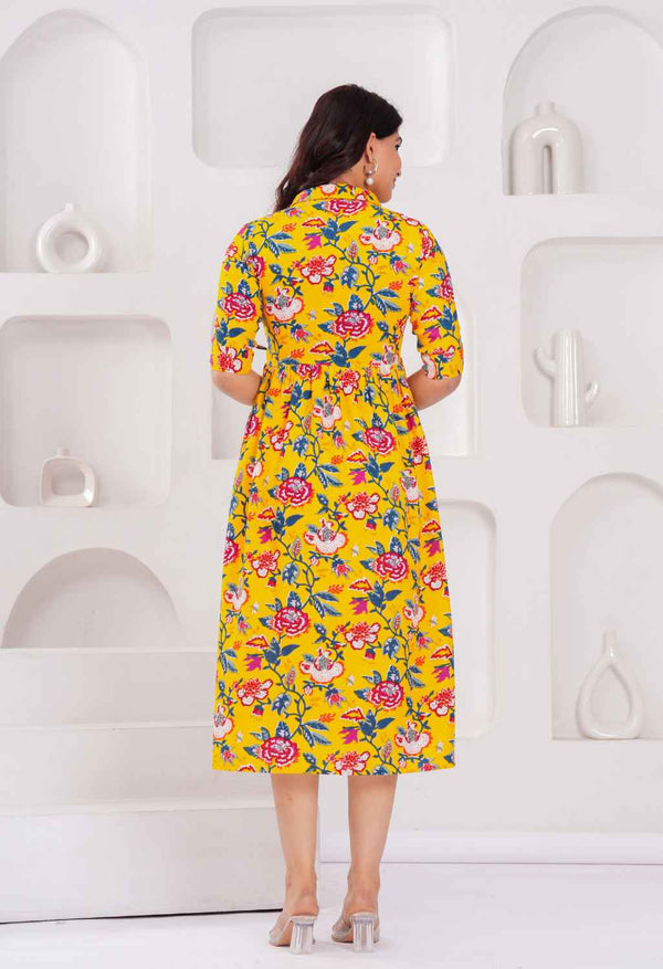Mustard Yellow Floral Printed Collared Viscose Rayon Maternity & Feeding Midi Dress
