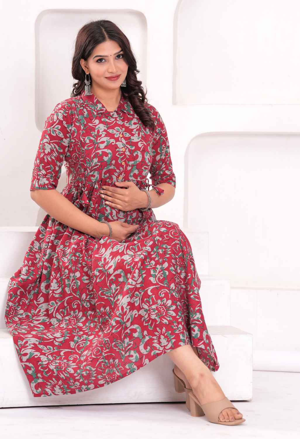 Rose Pink Floral Printed Collared Viscose Rayon Maternity & Feeding Midi Dress