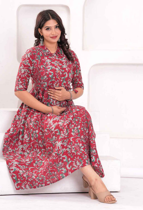 Rose Pink Floral Printed Collared Viscose Rayon Maternity & Feeding Midi Dress