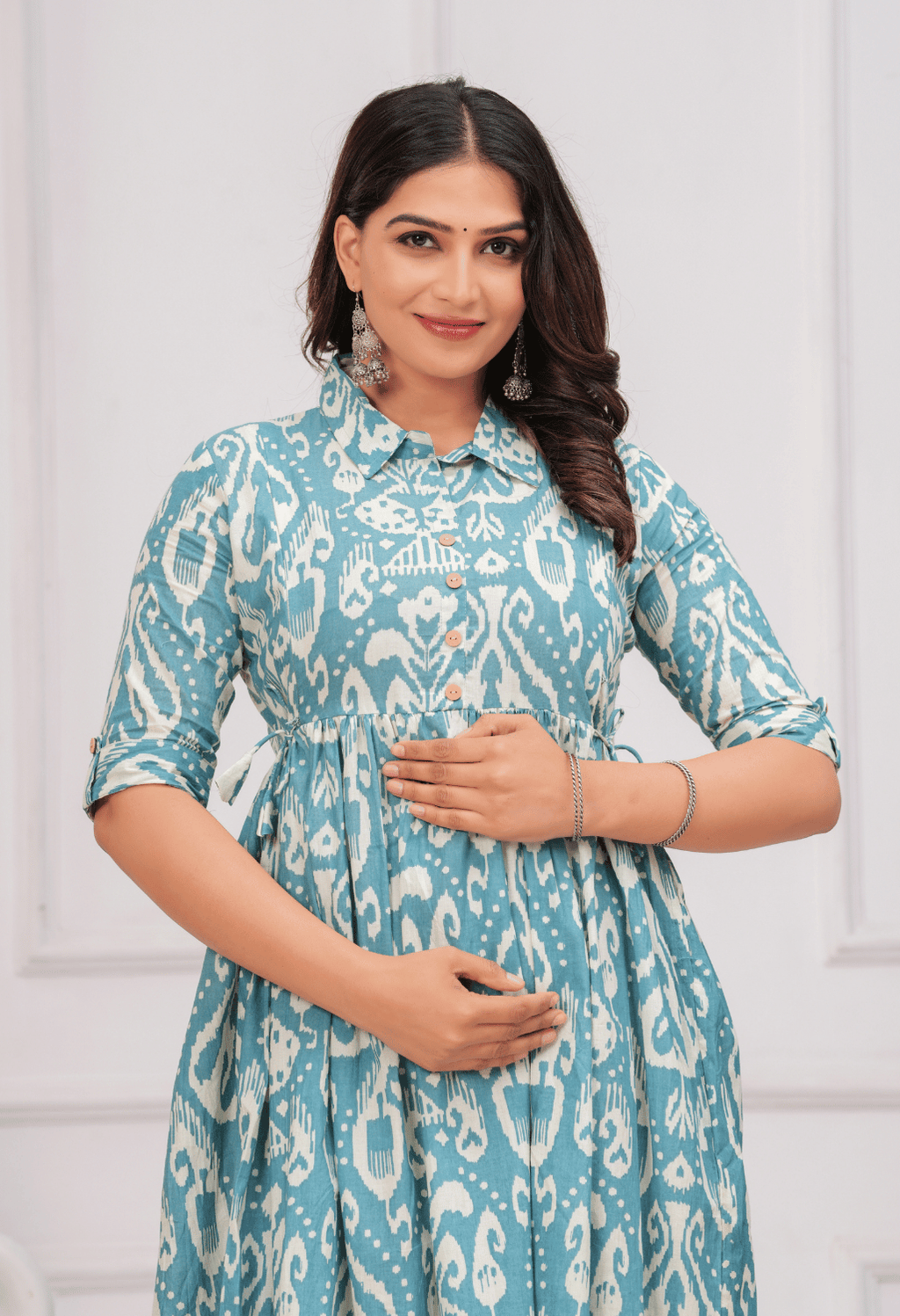 Sky Blue Ikat Printed Collared Viscose Rayon Maternity & Feeding Midi Dress