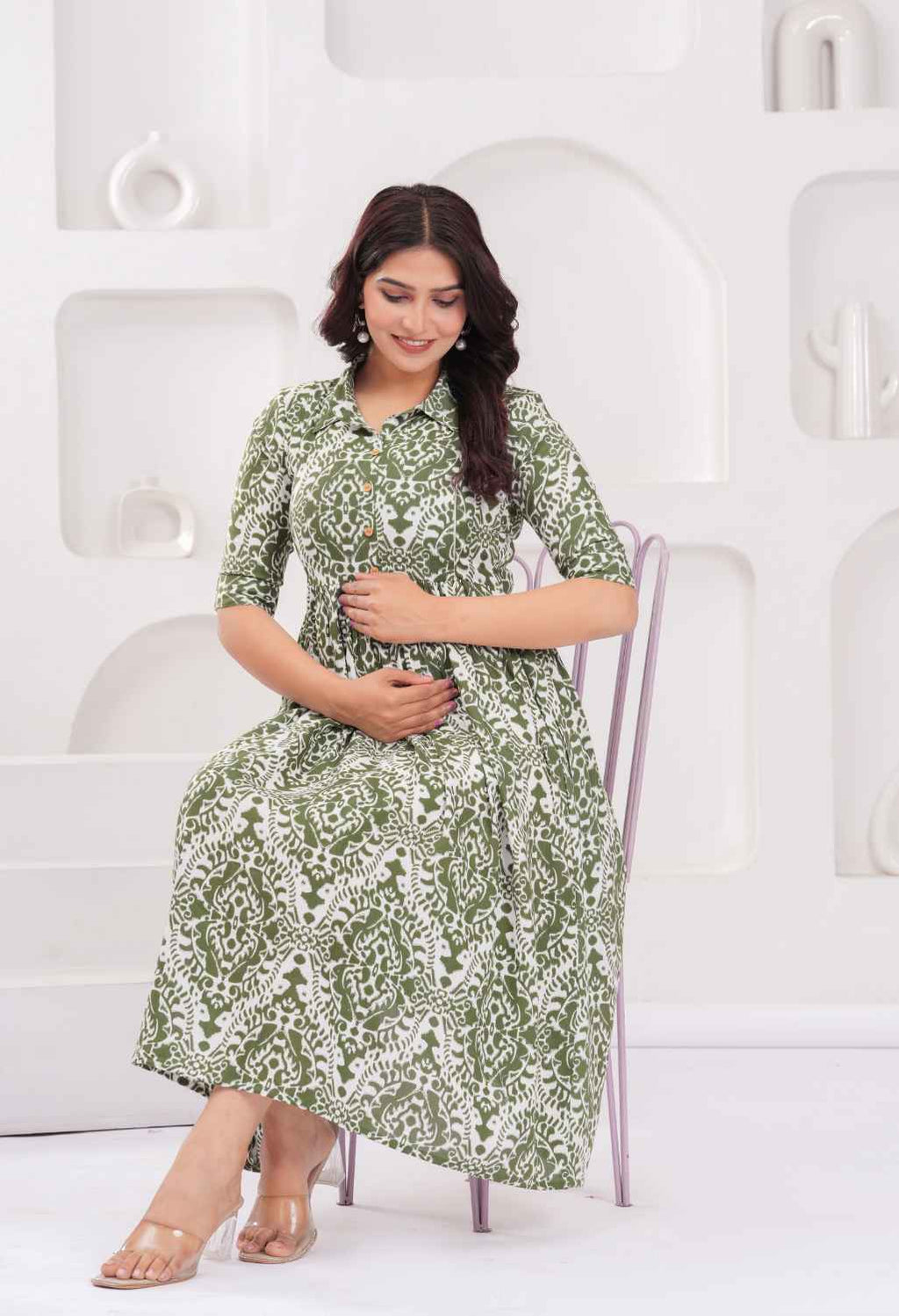 Olive Green Abstract Printed Collared Viscose Rayon Maternity & Feeding Midi Dress