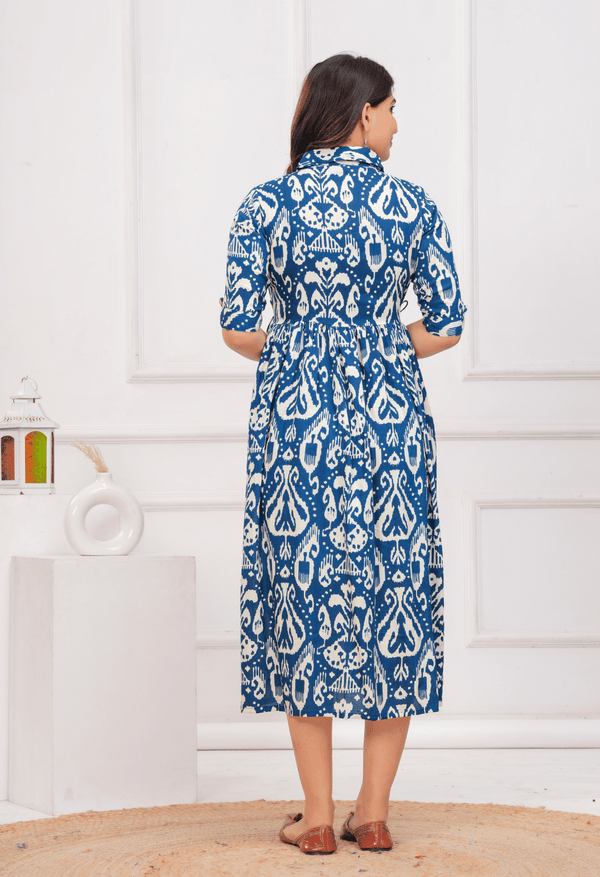 Royal Blue Ikat Printed Collared Viscose Rayon Maternity & Feeding Midi Dress