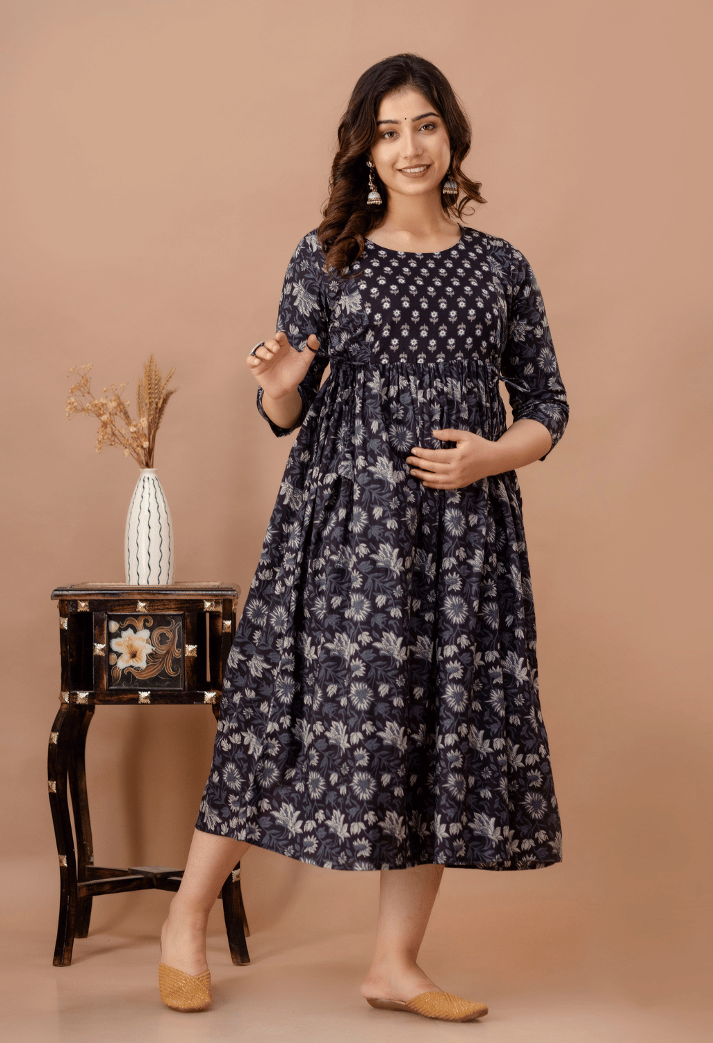 Black Printed Viscose Rayon Maternity & Feeding Maxi Dress