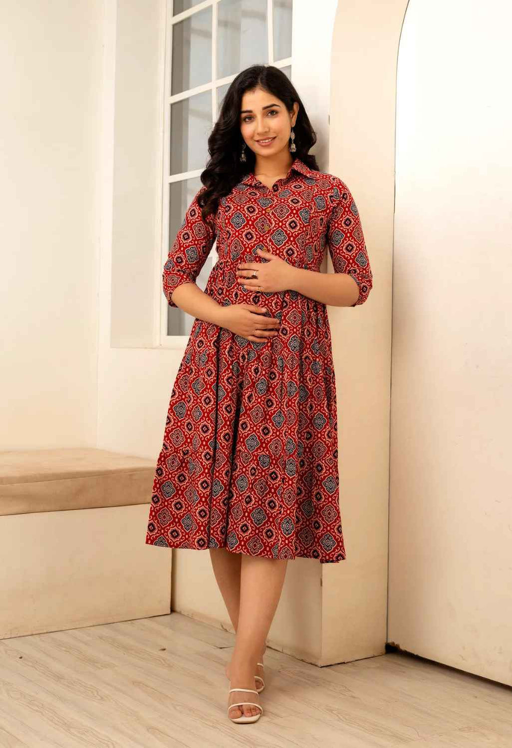 Maroon Geometric Printed Collared Viscose Rayon Maternity & Feeding Midi Dress