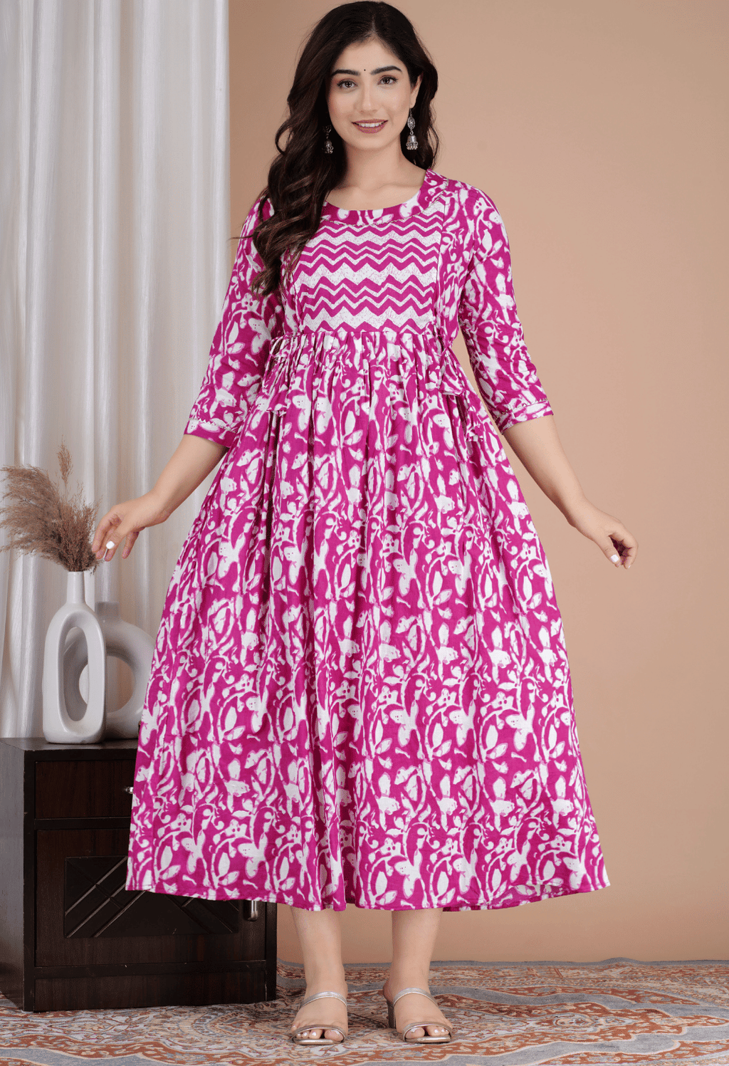 Rani Pink & White Abstract Printed Viscose Rayon Maternity & Feeding Midi Dress