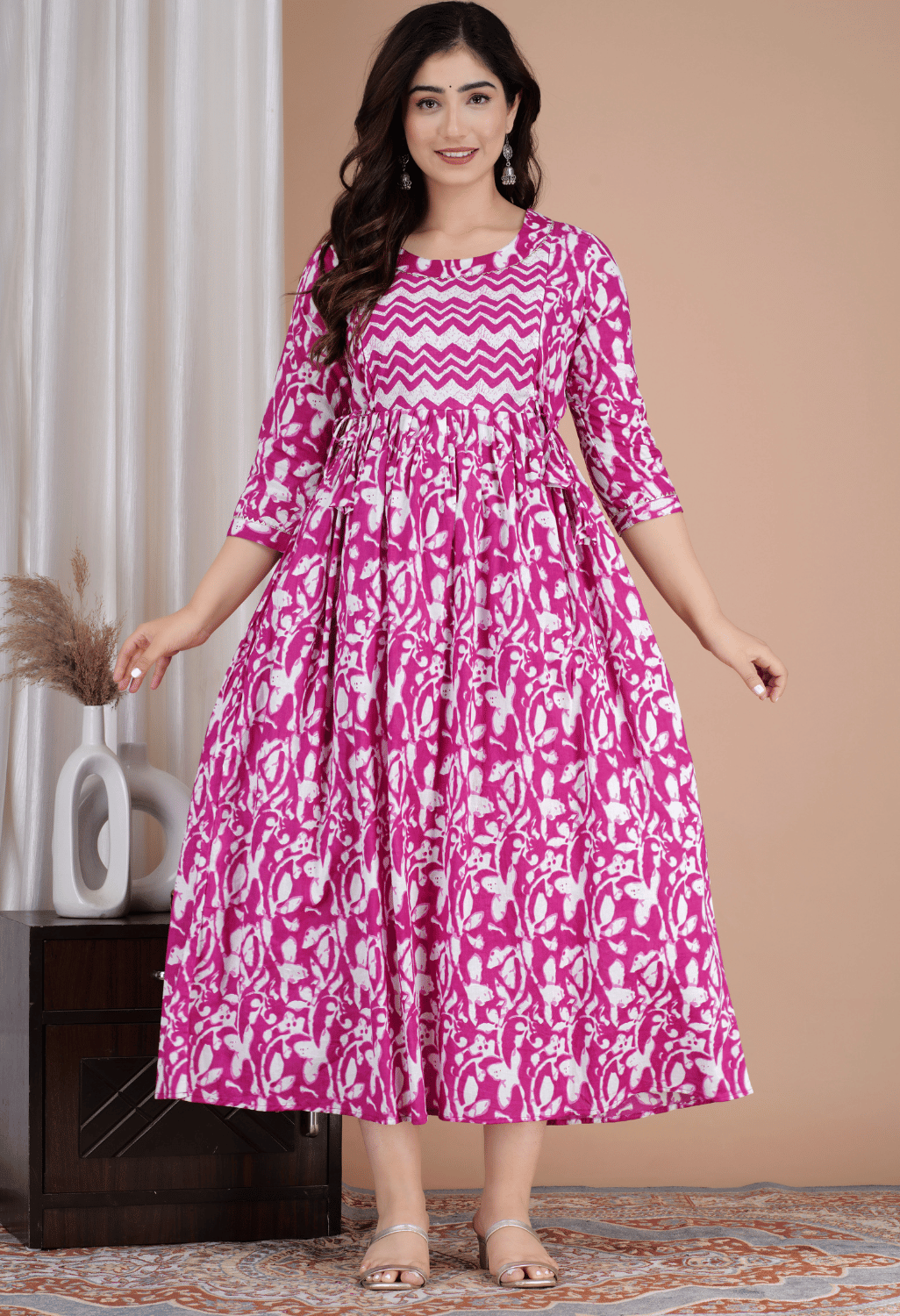 Rani Pink & White Abstract Printed Viscose Rayon Maternity & Feeding Midi Dress