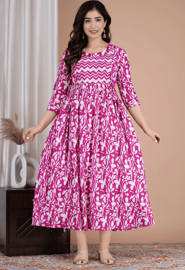Rani Pink & White Abstract Printed Viscose Rayon Maternity & Feeding Midi Dress