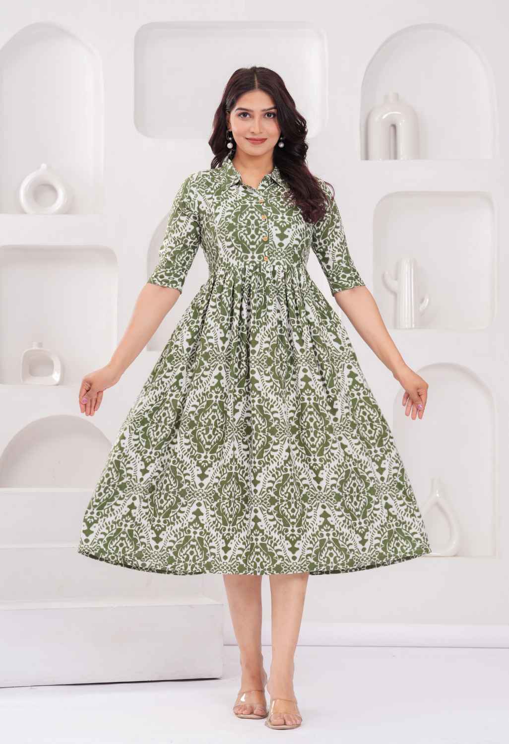 Olive Green Abstract Printed Collared Viscose Rayon Maternity & Feeding Midi Dress Main image