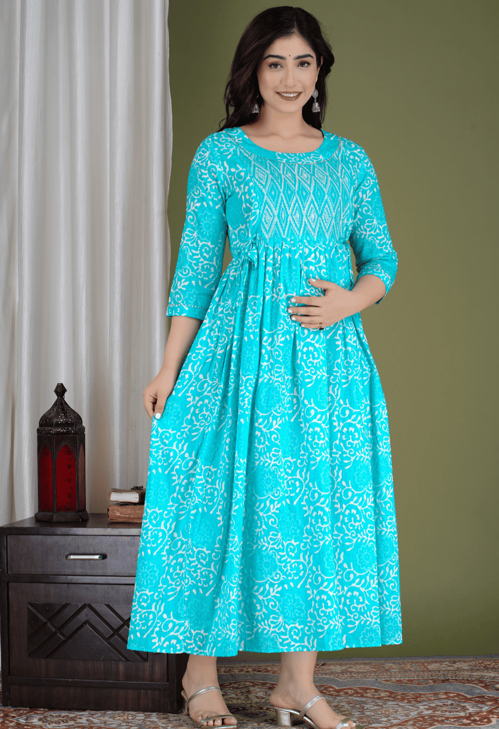 Turquoise Blue Floral Printed Viscose Rayon Maternity & Feeding Maxi Dress