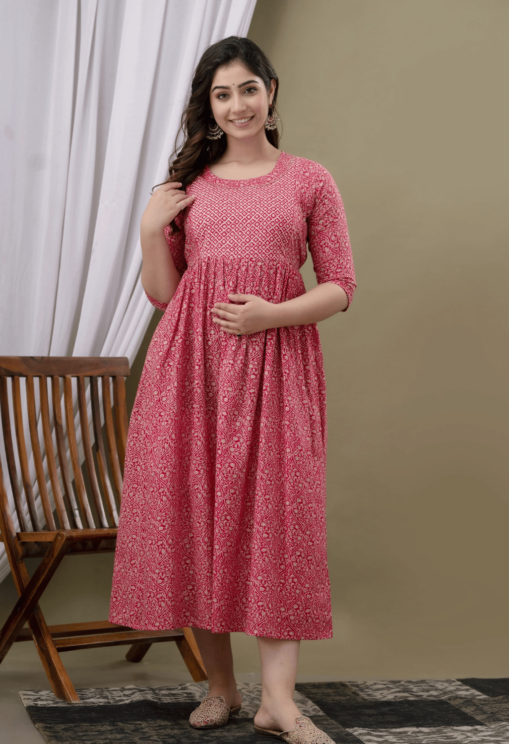 Rose Pink Printed Viscose Rayon Maternity & Feeding Maxi Dress