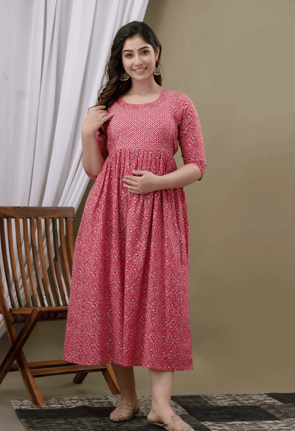 Rose Pink Printed Viscose Rayon Maternity & Feeding Maxi Dress