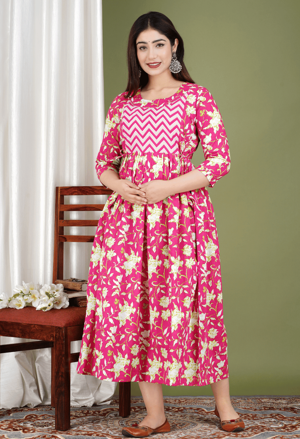 Pink Floral Printed Viscose Rayon Maternity & Feeding Midi Dress