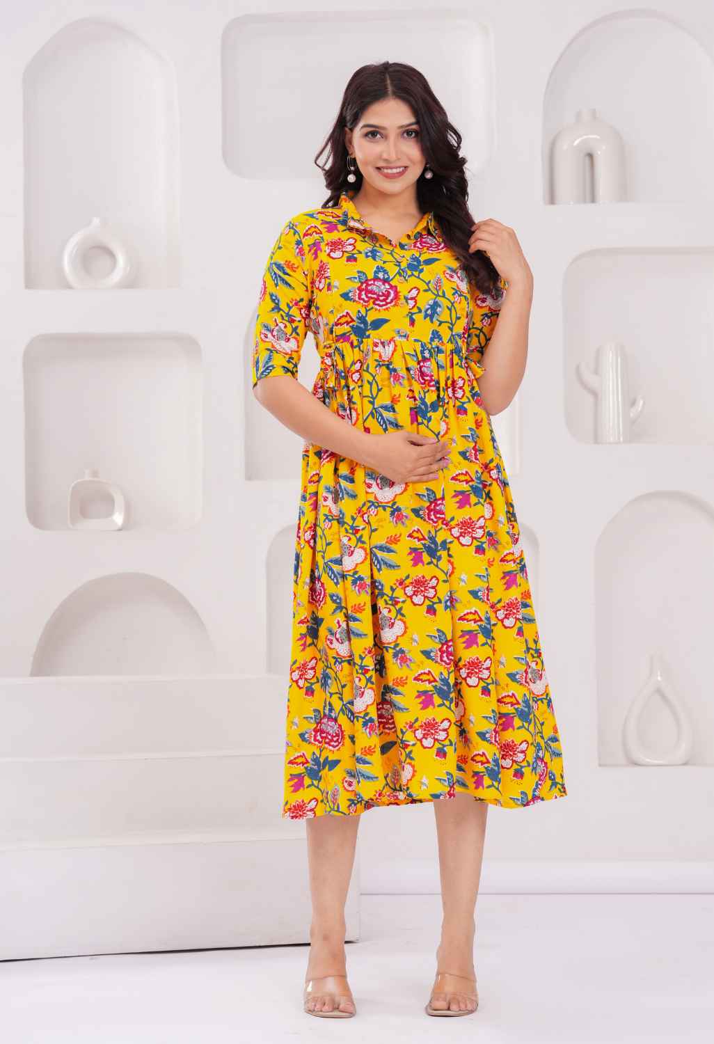 Mustard Yellow Floral Printed Collared Viscose Rayon Maternity & Feeding Midi Dress Main image