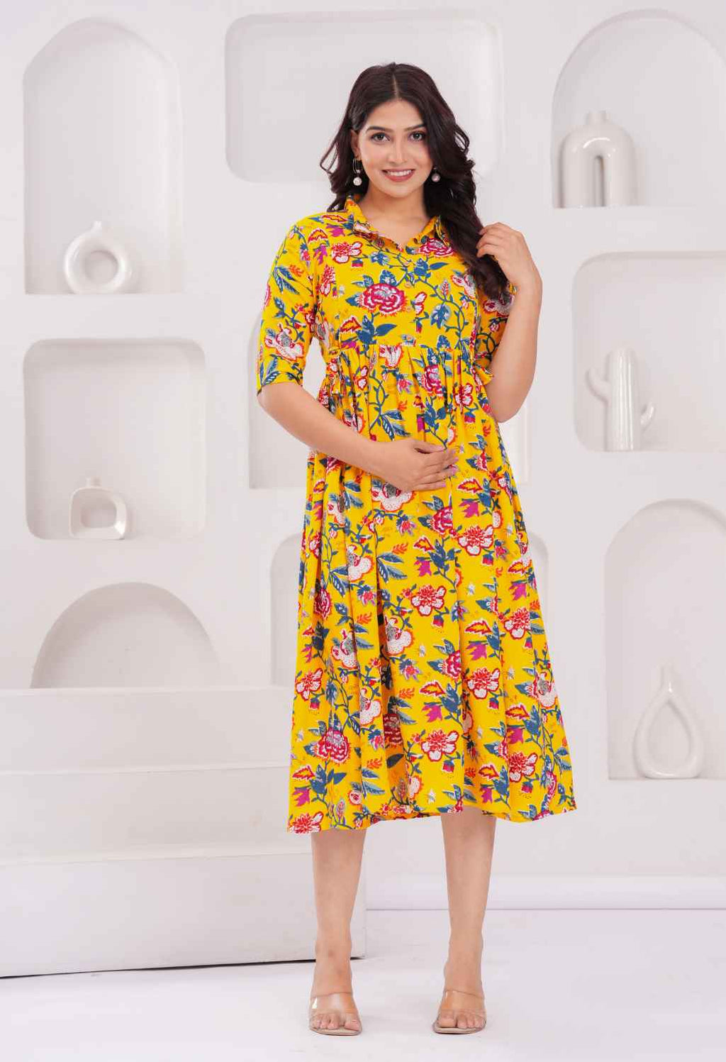 Mustard Yellow Floral Printed Collared Viscose Rayon Maternity & Feeding Midi Dress
