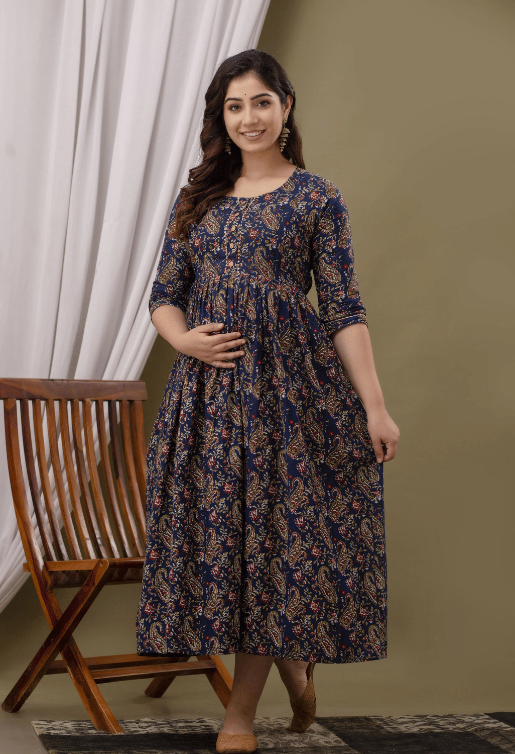 Navy Blue Paisley Printed Viscose Rayon Maternity & Feeding Maxi Dress