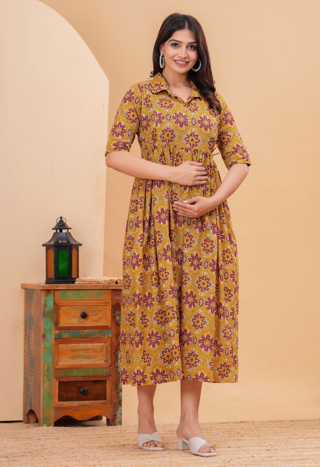 Mustard Ethnic Printed Collared Viscose Rayon Maternity & Feeding Midi Dress Main image
