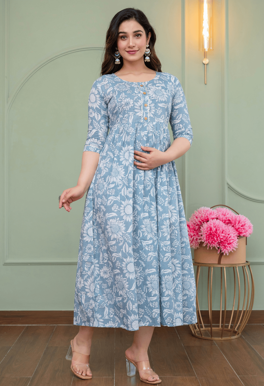 Grey Floral Printed Viscose Rayon Maternity & Feeding Maxi Dress