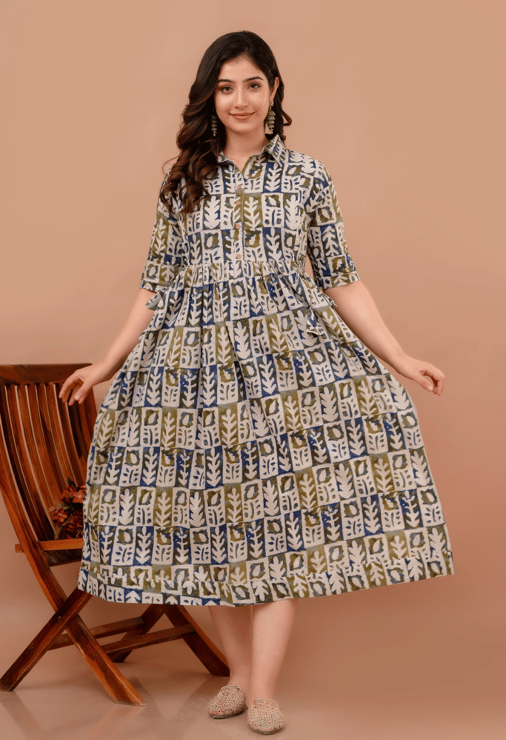 White Abstract Block Printed Collared Viscose Rayon Maternity & Feeding Maxi Dress Main image