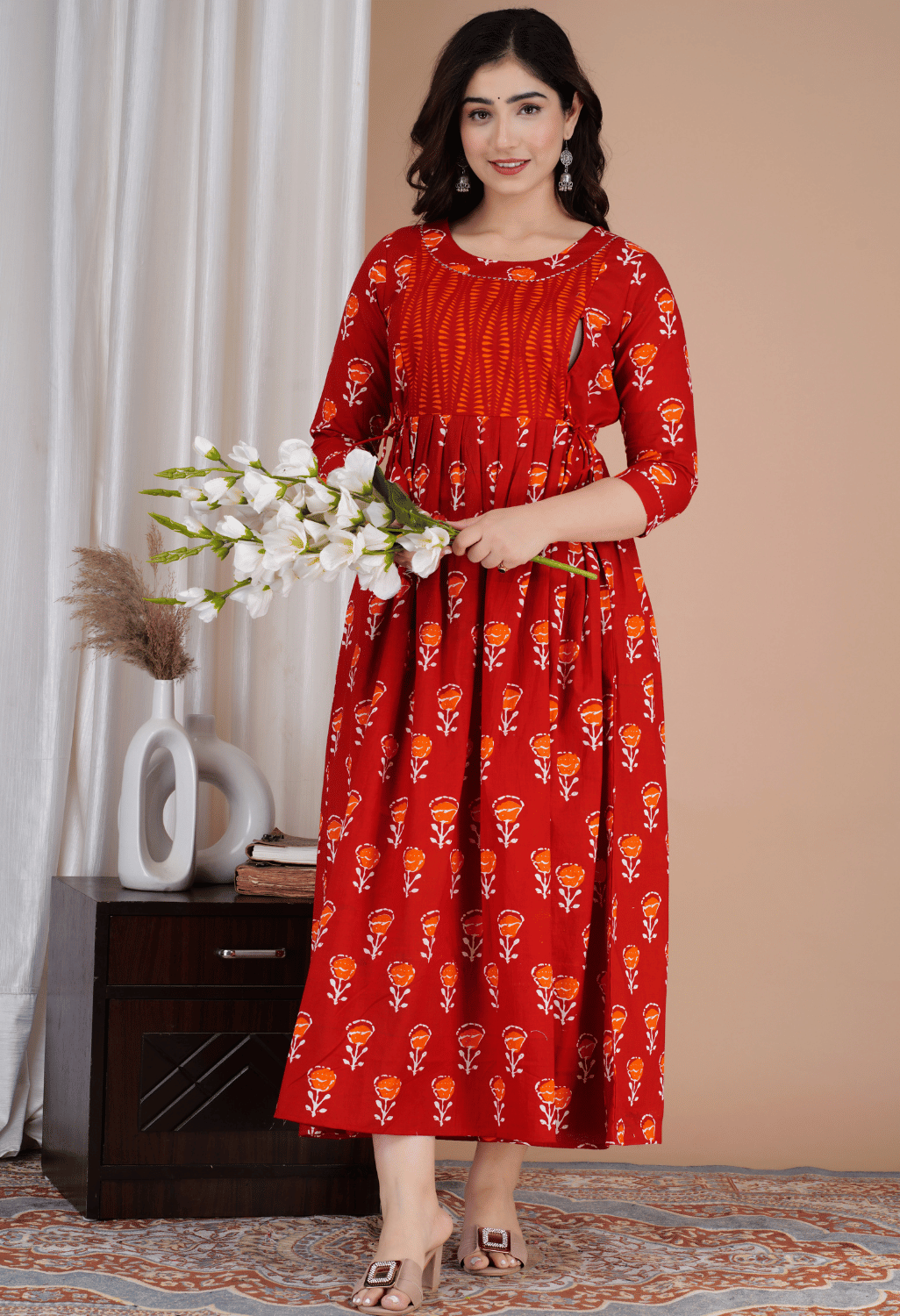 Brick Red Floral Printed Viscose Rayon Maternity & Feeding Maxi Dress