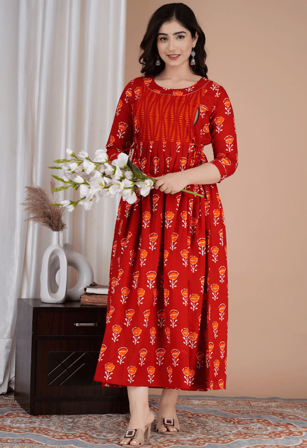 Brick Red Floral Printed Viscose Rayon Maternity & Feeding Maxi Dress
