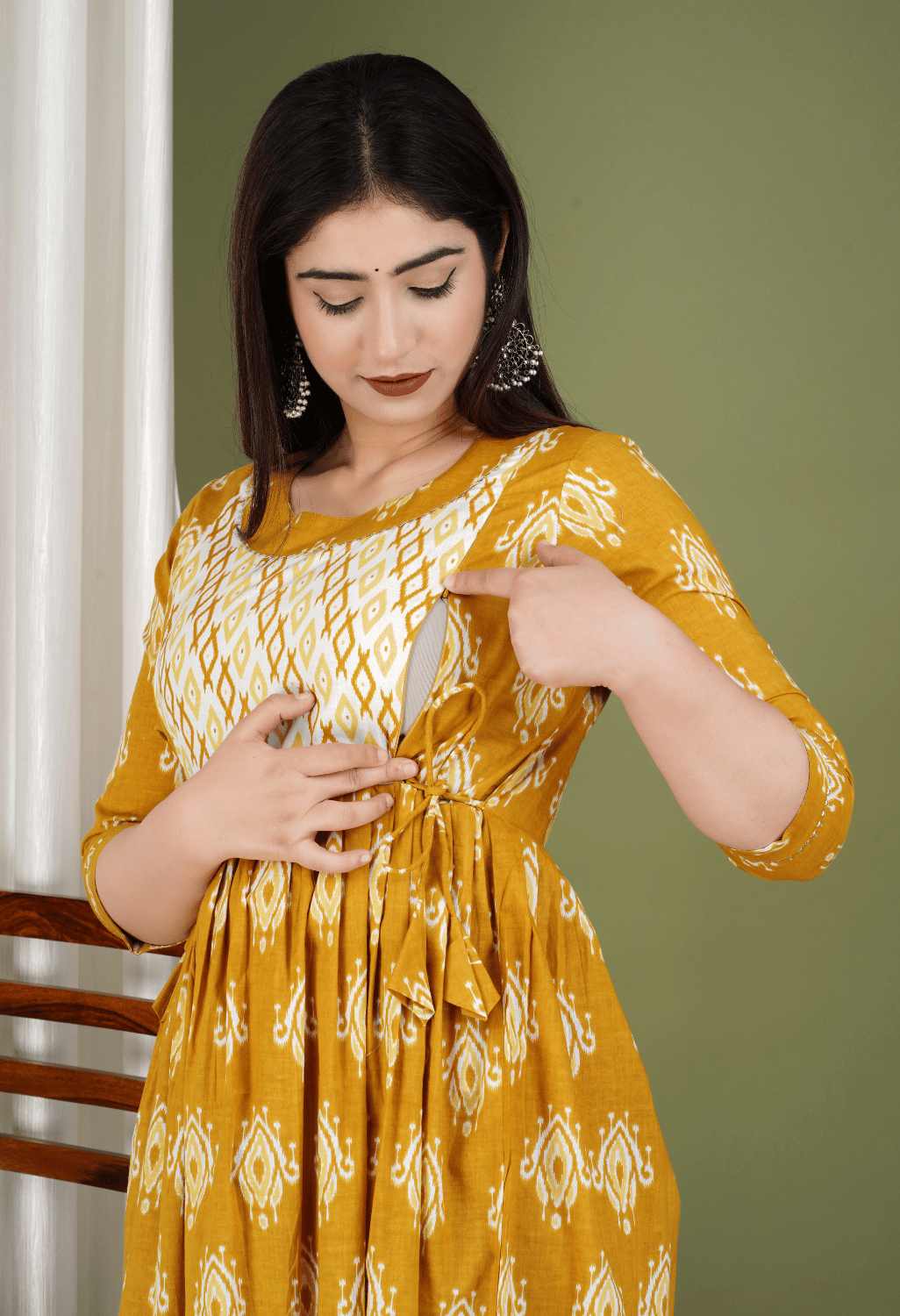 Mustard Yellow Printed Viscose Rayon Maternity & Feeding Midi Dress