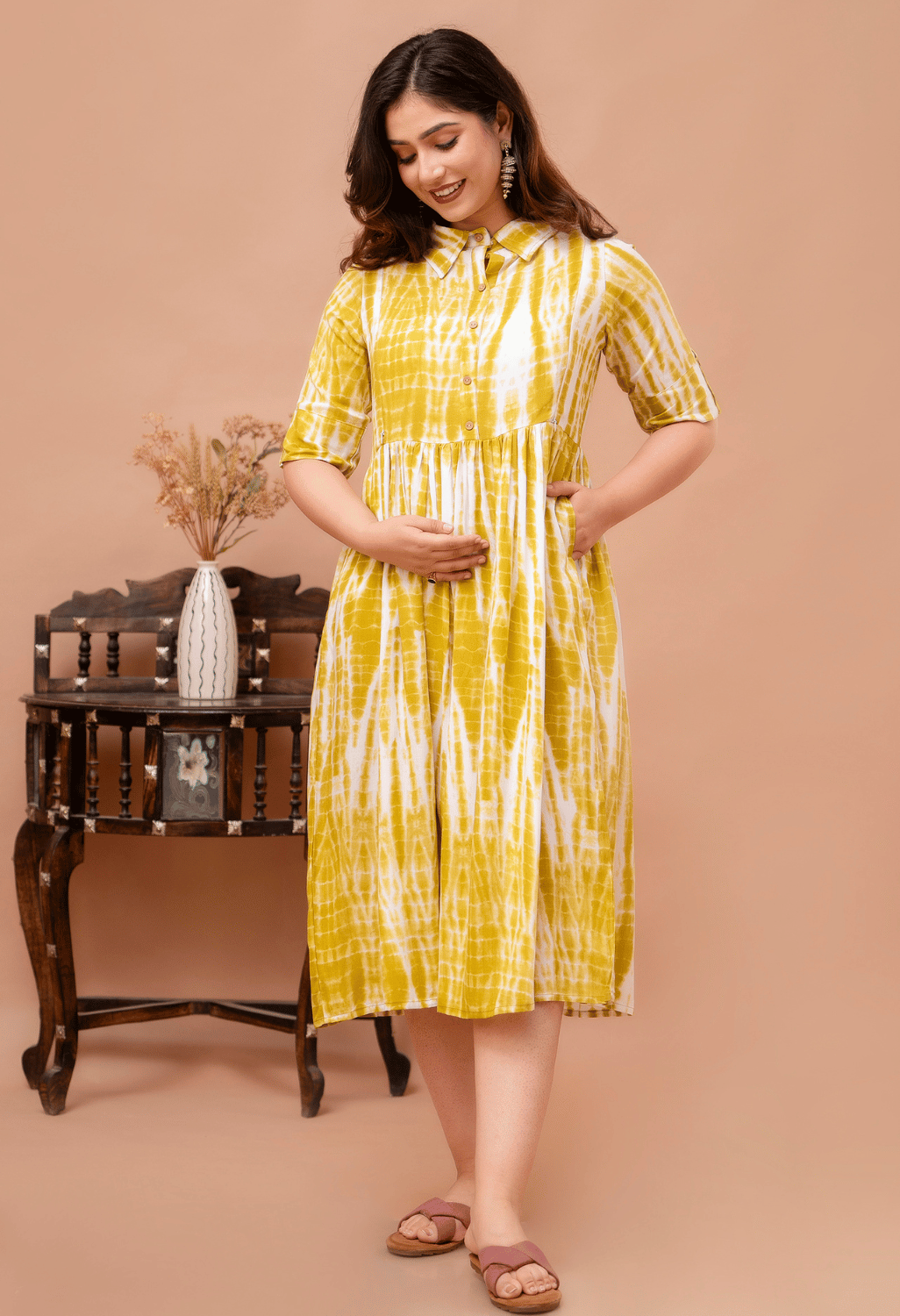 Mustard Yellow Shibori Printed Collared Viscose Rayon Maternity & Feeding Midi Dress