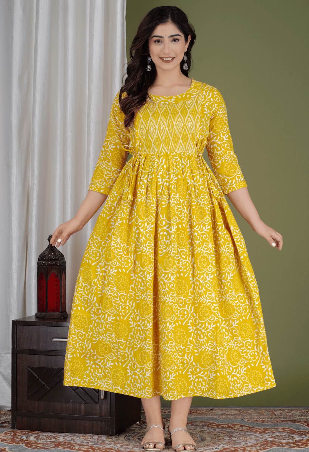 Mustard Yellow Floral Printed Viscose Rayon Maternity & Feeding Maxi Dress