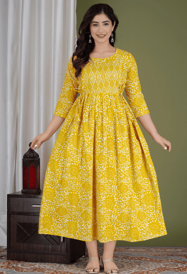 Mustard Yellow Floral Printed Viscose Rayon Maternity & Feeding Maxi Dress