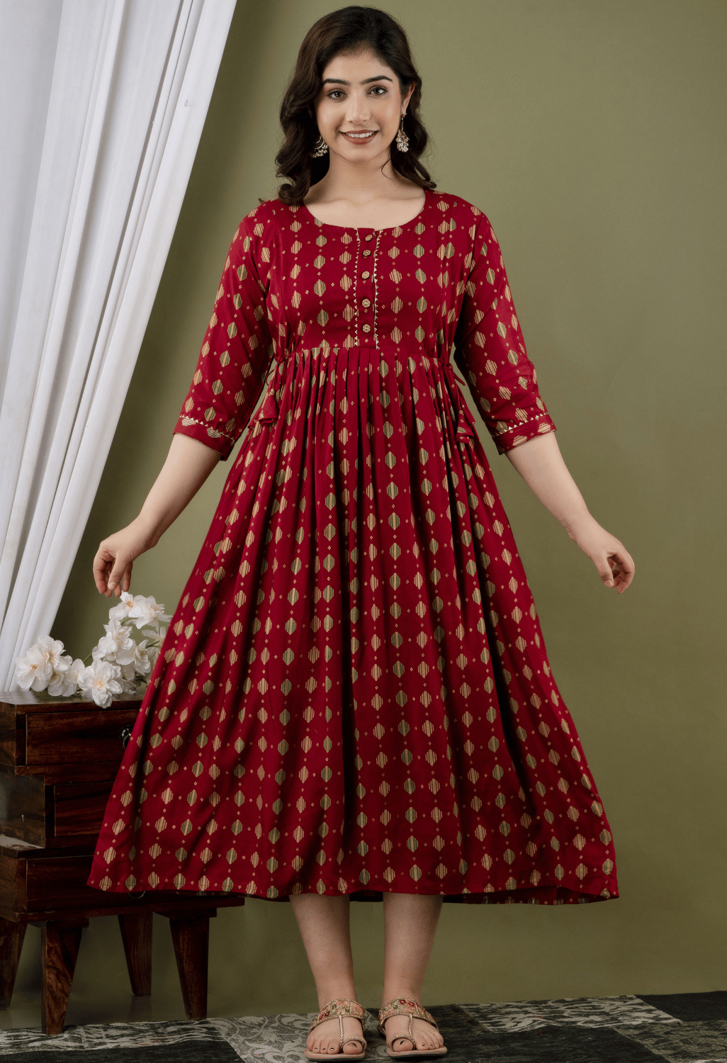Maroon Geometric Printed Viscose Rayon Maternity & Feeding Maxi Dress Secondary image