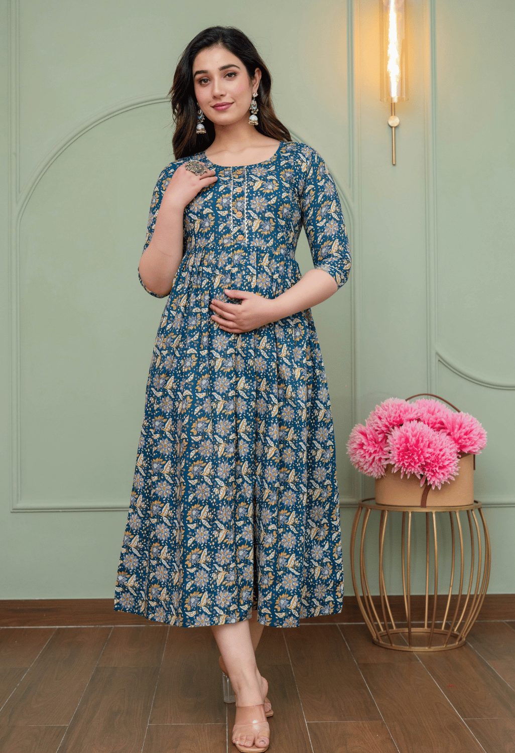 Teal Blue Vintage Floral Printed Viscose Rayon Maternity & Feeding Maxi Dress