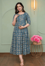 Teal Blue Vintage Floral Printed Viscose Rayon Maternity & Feeding Maxi Dress