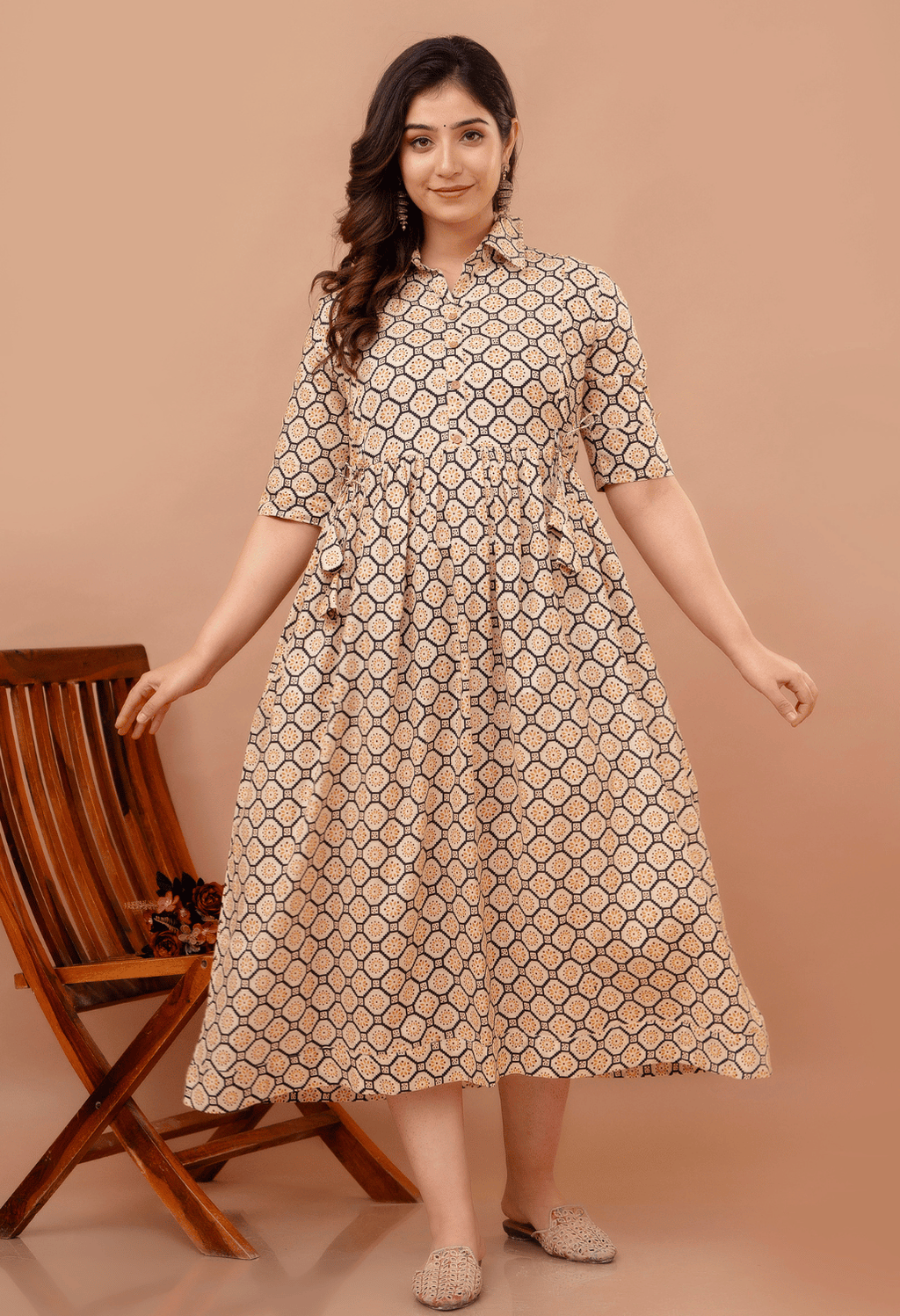 Beige Geometric Hexagon Printed Collared Viscose Rayon Maternity & Feeding Maxi Dress