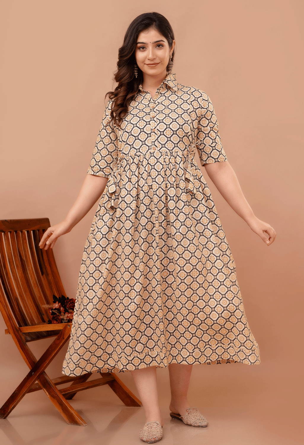 Beige Geometric Hexagon Printed Collared Viscose Rayon Maternity & Feeding Maxi Dress