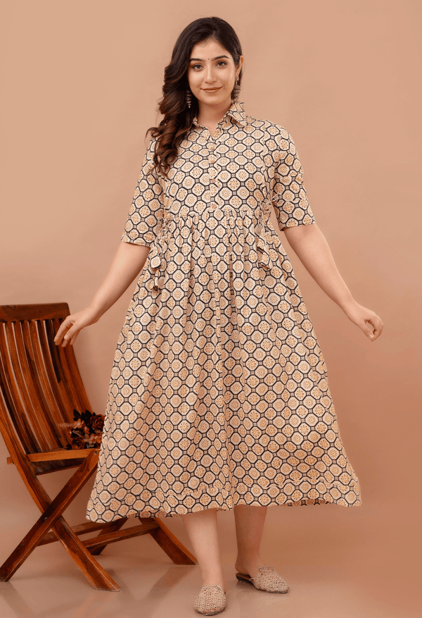 Beige Geometric Hexagon Printed Collared Viscose Rayon Maternity & Feeding Maxi Dress
