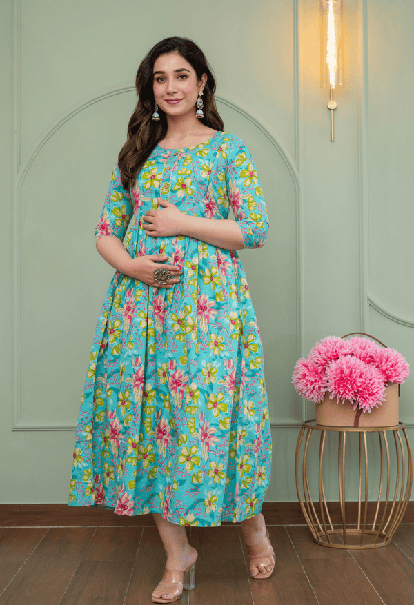 Sky Blue Floral Printed Viscose Rayon Maternity & Feeding Maxi Dress