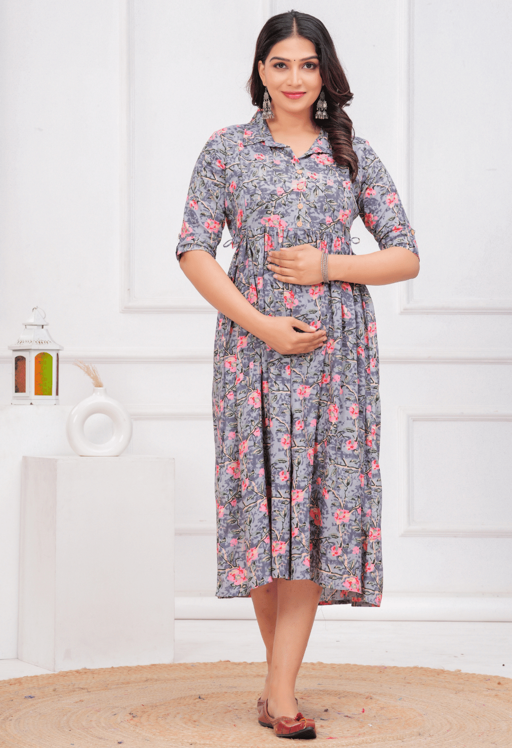 Grey Floral Printed Collared Viscose Rayon Maternity & Feeding Midi Dress Secondary image