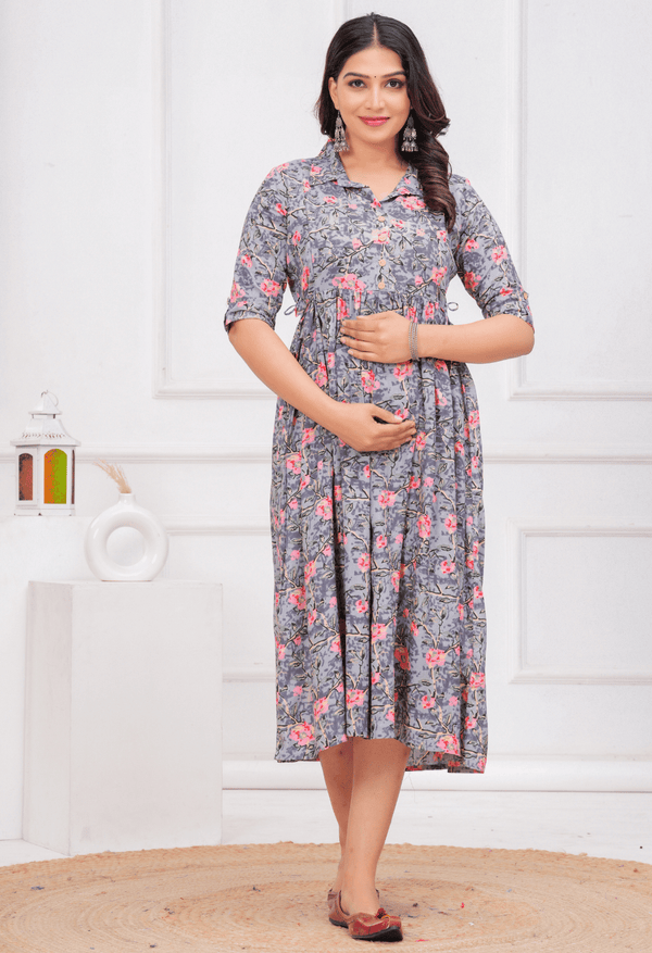 Grey Floral Printed Collared Viscose Rayon Maternity & Feeding Midi Dress