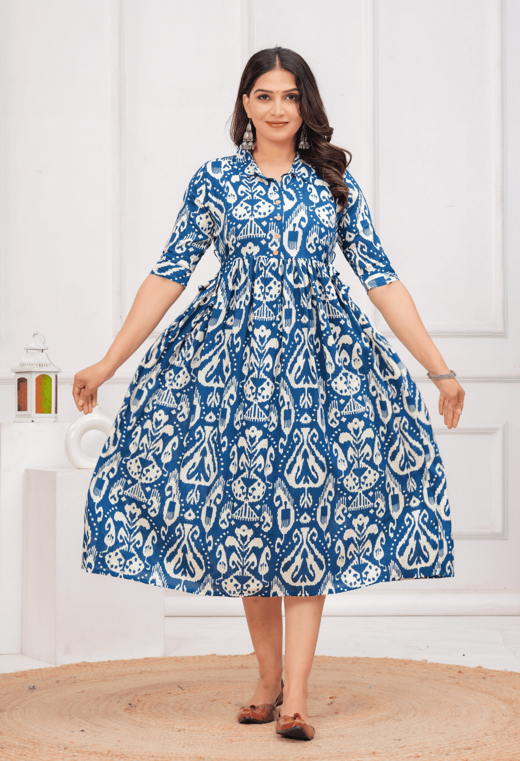 Royal Blue Ikat Printed Collared Viscose Rayon Maternity & Feeding Midi Dress