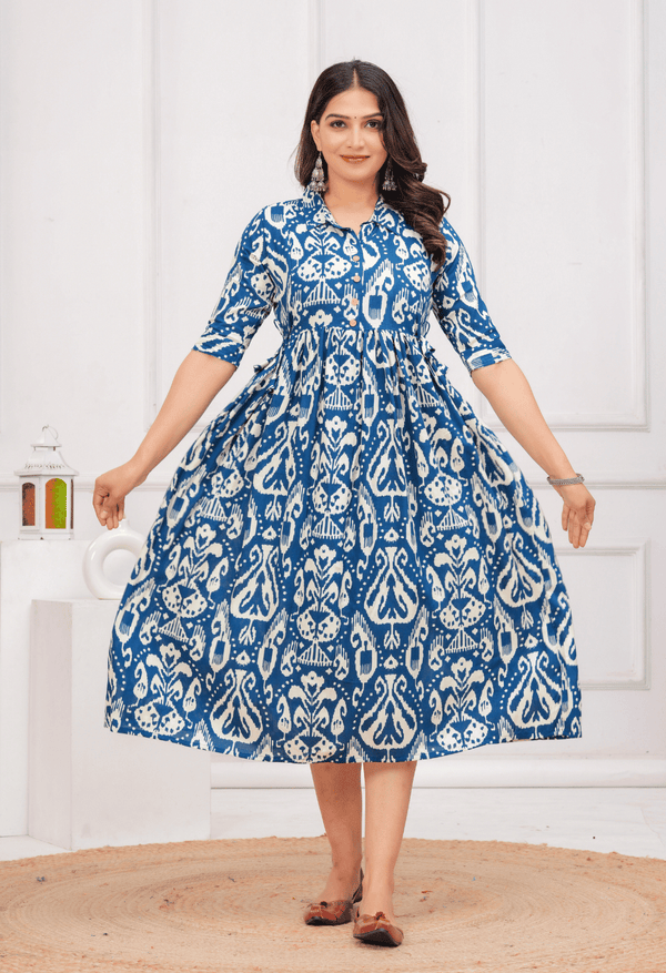 Royal Blue Ikat Printed Collared Viscose Rayon Maternity & Feeding Midi Dress