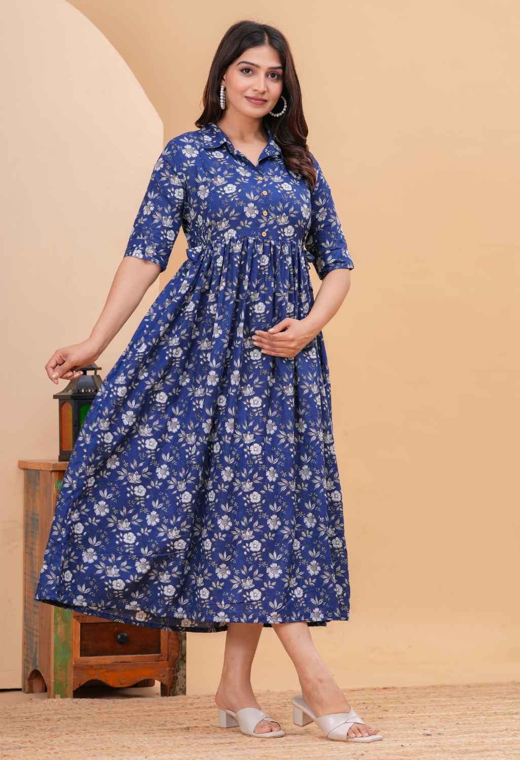Indigo Floral Printed Collared Viscose Rayon Maternity & Feeding Midi Dress Secondary image