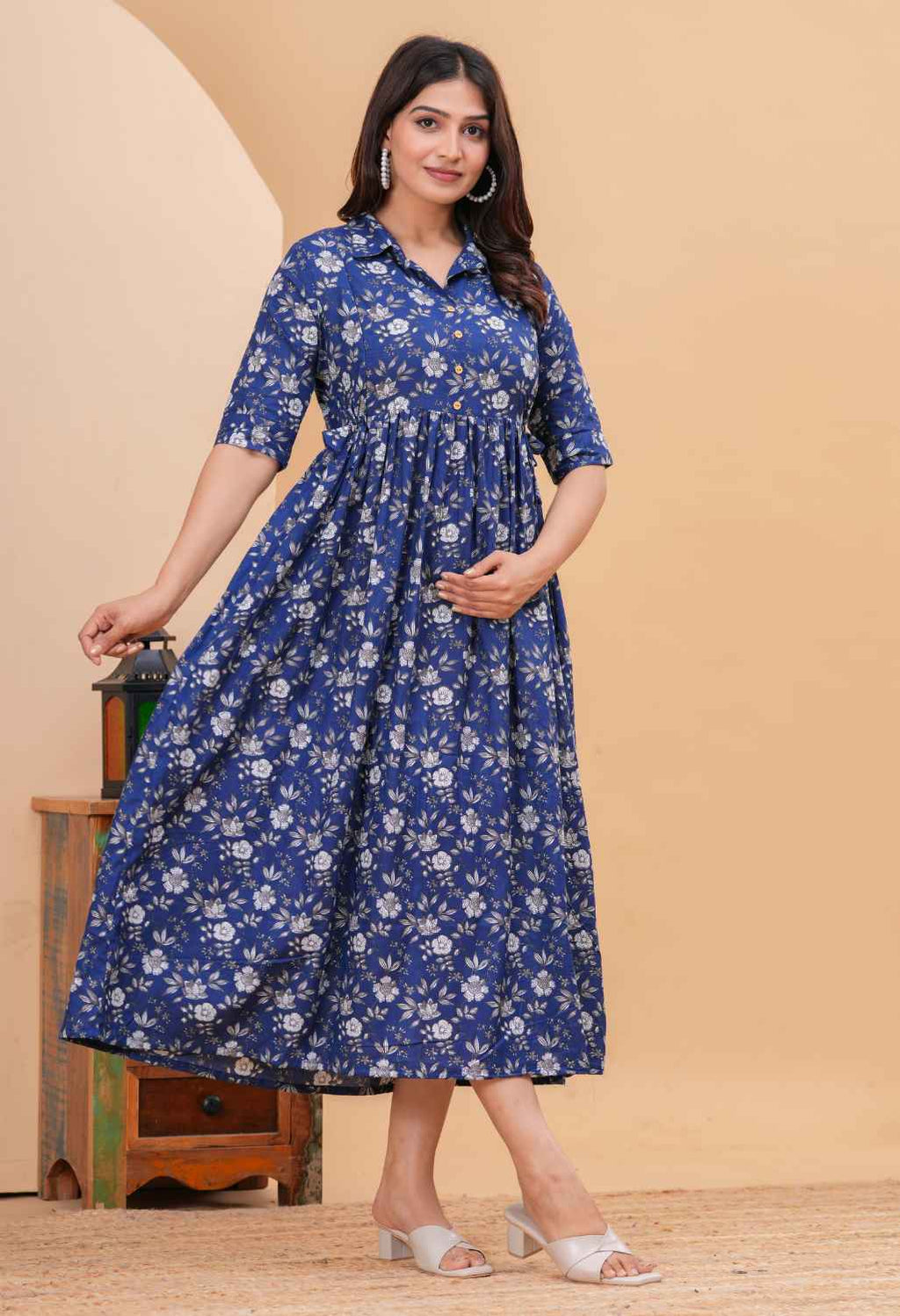 Indigo Floral Printed Collared Viscose Rayon Maternity & Feeding Midi Dress