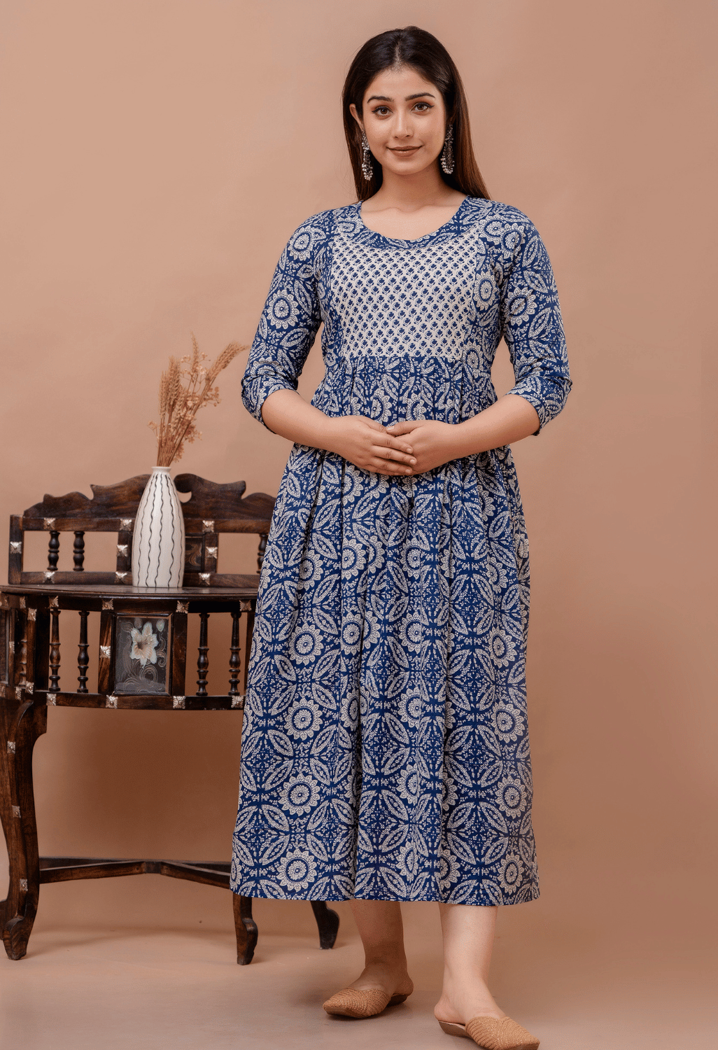 Navy Blue Floral Printed Viscose Rayon Maternity & Feeding Maxi Dress Main image