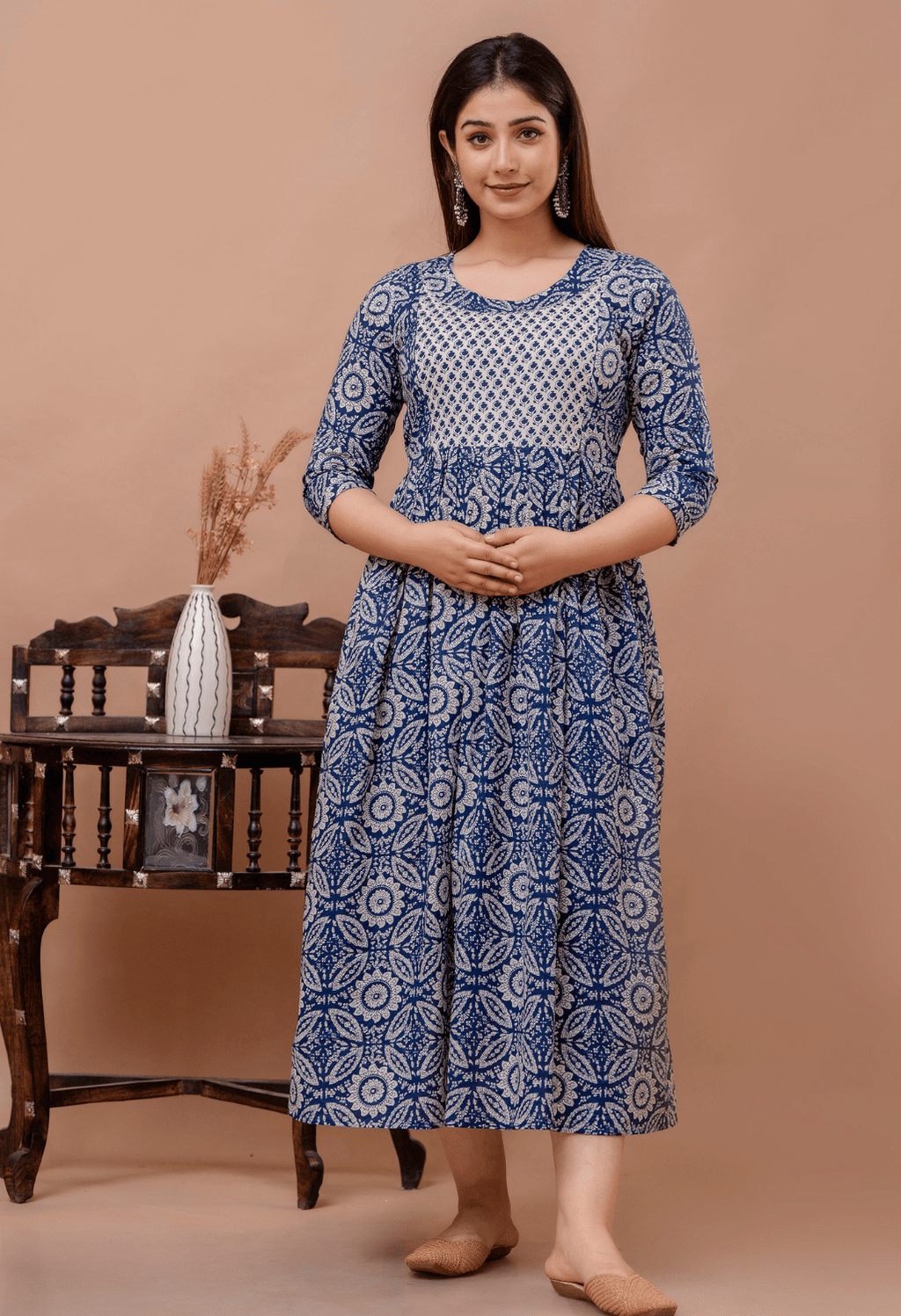Navy Blue Floral Printed Viscose Rayon Maternity & Feeding Maxi Dress