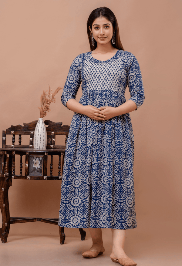 Navy Blue Floral Printed Viscose Rayon Maternity & Feeding Maxi Dress
