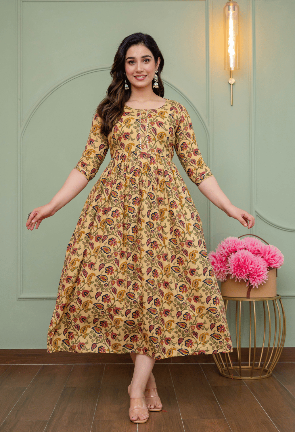 Beige Paisley Floral Printed Viscose Rayon Maternity & Feeding Maxi Dress Main image