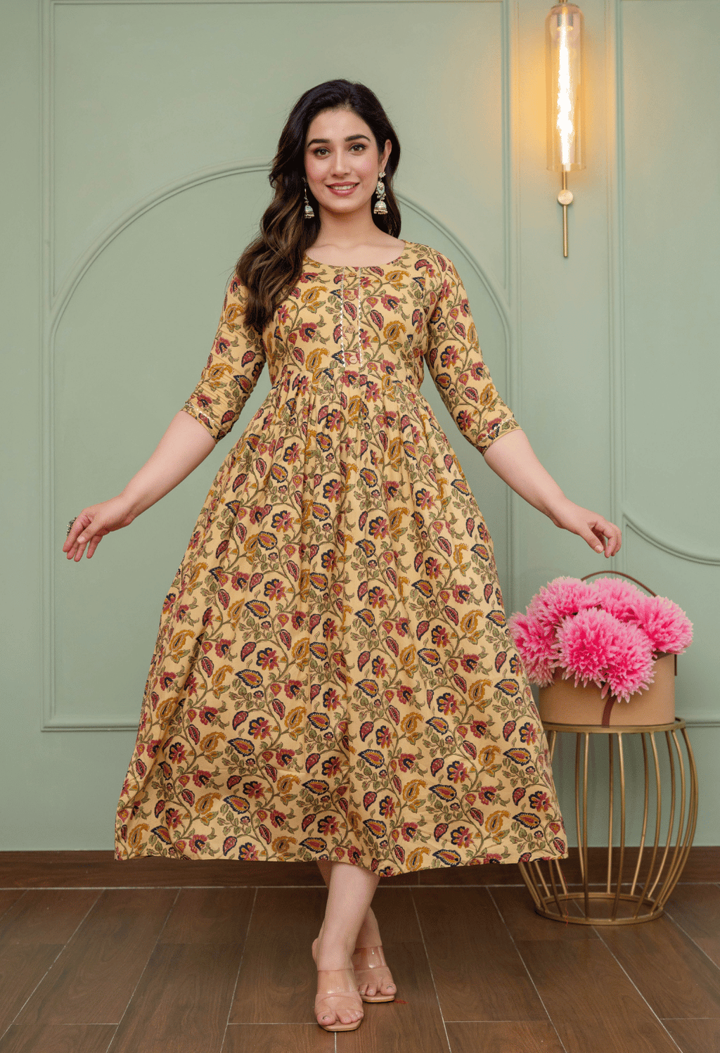 Beige Paisley Floral Printed Viscose Rayon Maternity & Feeding Maxi Dress