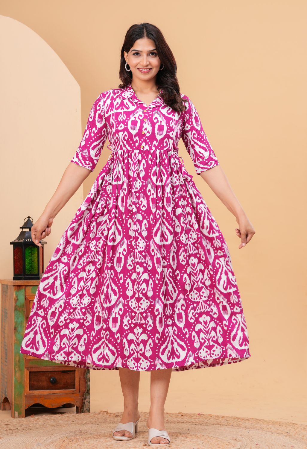 Pink Ikat Printed Collared Viscose Rayon Maternity & Feeding Midi Dress Secondary image
