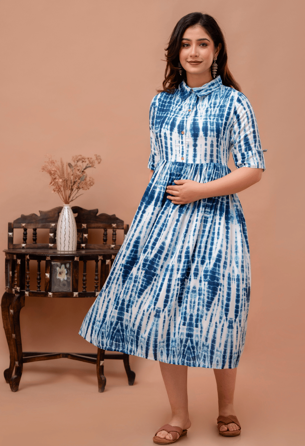 Indigo Blue Shibori Printed Collared Viscose Rayon Maternity & Feeding Midi Dress Secondary image